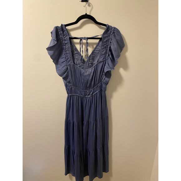 T TAHARI Airflow Ruffle Tiered Midi Dress In Slate-Size M - Picture 4 of 7